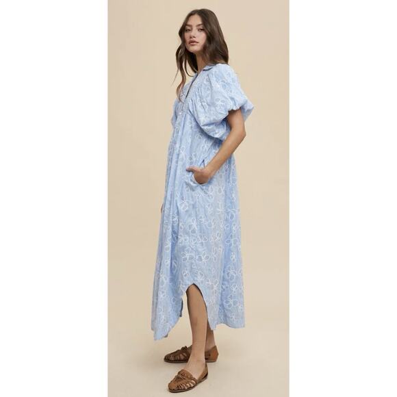 ANNIE WEAR Pale Blue Floral Smocked Puff Sleeve Button Shirt Midi Dress Sz L NWT - Picture 4 of 16